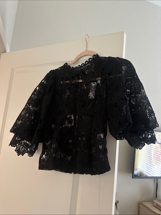 Anthropologie Tops - Anthropologie Black Lace Puff-Sleeve Blouse